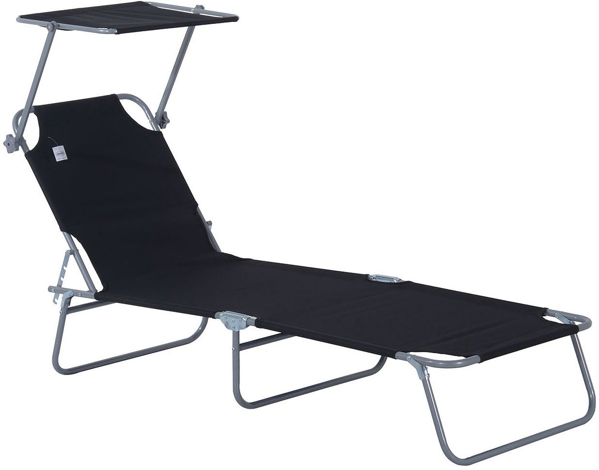 Opklapbare ligstoel - tuinstoel - 187 x 58 x 36 cm - perfect voor strand en terras - Campingstoelen - Strandstoel verstelbare luifel - tuinligstoel - zwart