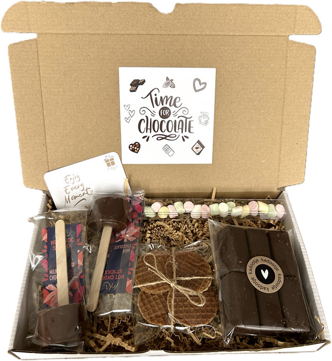 Choco brievenbus cadeau - chocosticks - marshmallows - stroopwafels