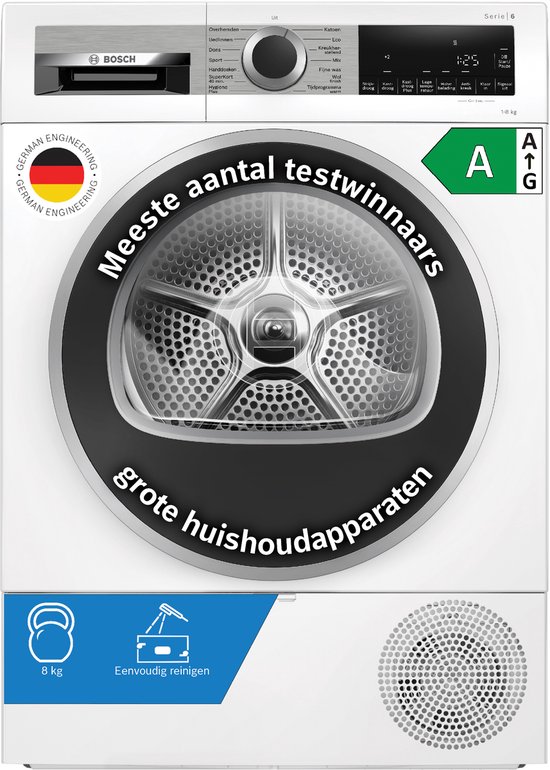 Witte Bosch warmtepompdroger, Serie 6, 8 kg capaciteit, met "Meeste aantal testwinnaars" cirkel en energielabel A.