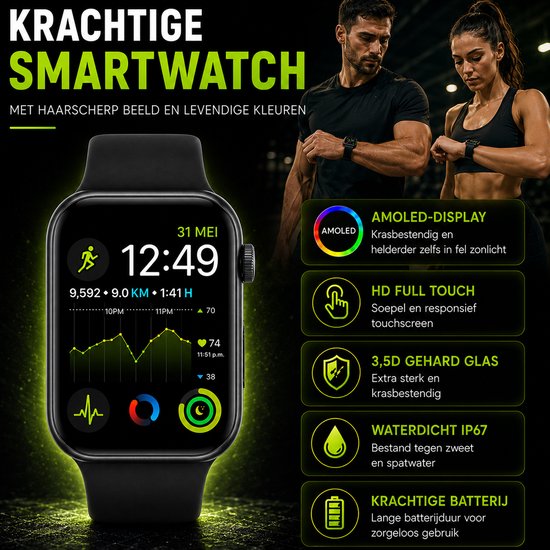 Royal Supplies RF-93 Smartwatch - Smartwatch Heren - Smartwatch Dames - Belfunctie- HD Touchscreen - Horloge - Stappenteller - Bloeddrukmeter - Saturatiemeter - IOS & Android -Screenprotector- Zwart