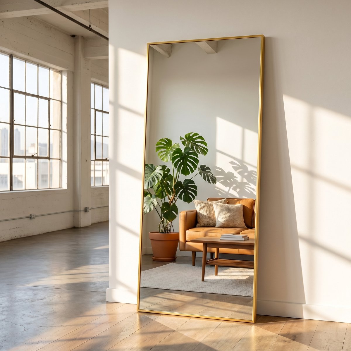 Spiegel van Volledige Lengte 150x40cm, Vrijstaande Spiegel met Eenvoudig Frame, Grote HD-Wandspiegel met Haak, Heldere HD-Glazen Reflectie, Onbreekbaar en Lichtgewicht (Goud, 150x40cm)