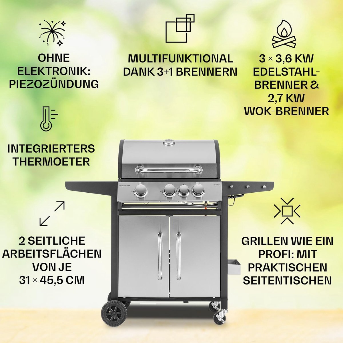 Premium 4+1 Pits Gasbarbecue Buitenkeuken 13,5 kW met Zijbrander, RVS Werkblad & Thermometer – Grote Outdoor BBQ Grill met Wielen 56 x 122 x 109 cm