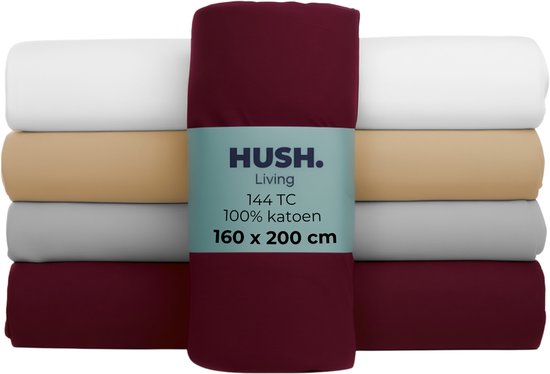 HUSH Living - Hoeslaken 160x200+30cm - 100% katoen, 144TC, soepel en ademend - elastiek rondom - bordeaux