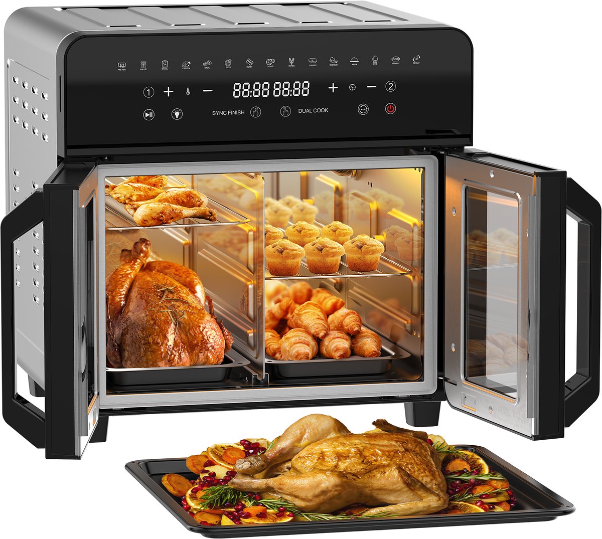 AIMASON AFTO-2301DT XXL Airfryer - 23L grote capaciteit Heteluchtfriteuse met afneembaar tussenstuk en dubbele franse deuren - 2200W krachtige dubbele kookzone - 15 voorgeinstelde kookprogramma’s - 12 handige accessoires