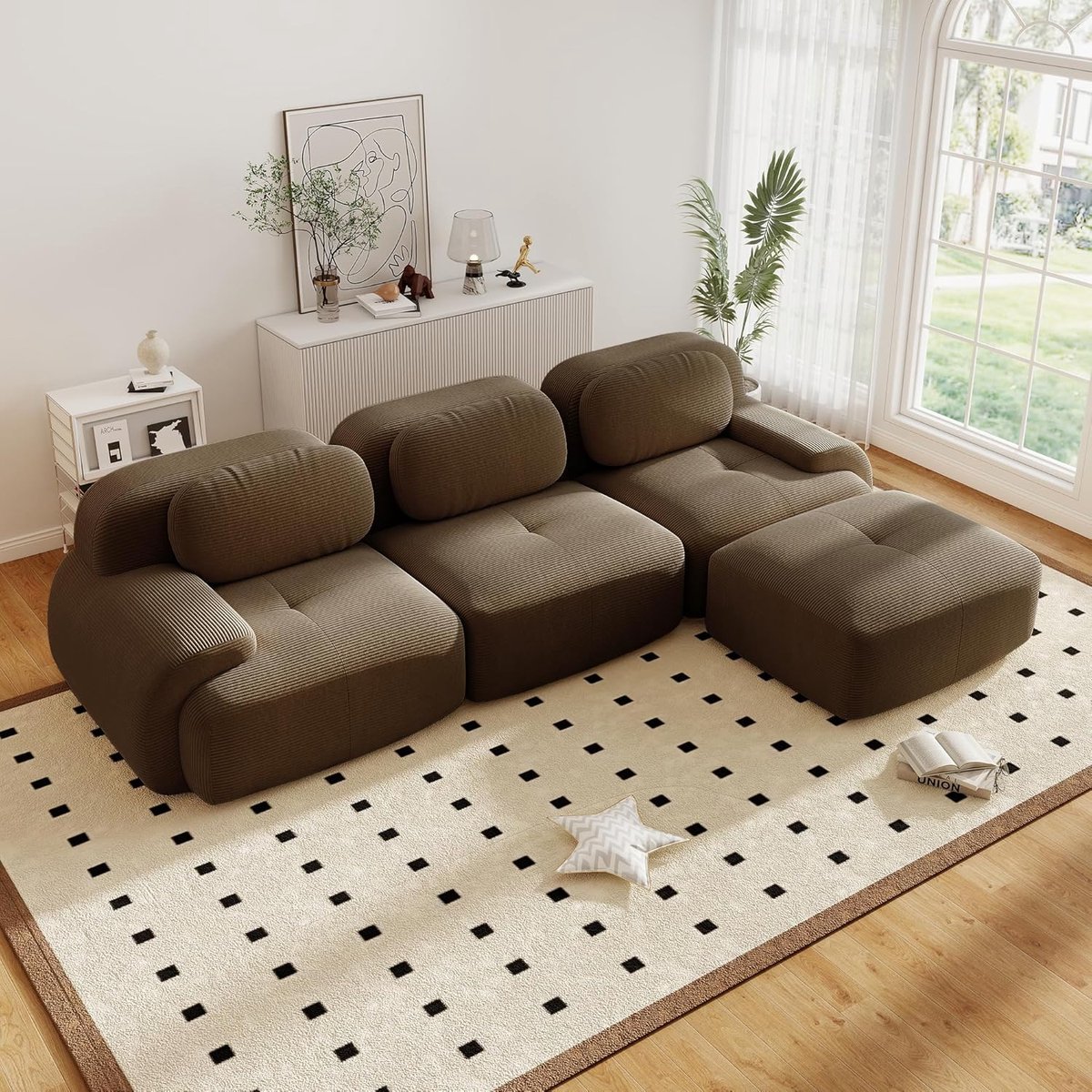 Zubaliya Moderne Hoekbank, L-Bank, 3-Zitsbank, Moderne 298 cm Brede, Converteerbare Hoekbank met Voetenbank, L-vormige Modulaire Corduroy Bank, Samendrukbare Bank voor 3-6 Personen voor de Woonkamer, Extra Diepe Zitting, Geen Montage Nodig-Brown