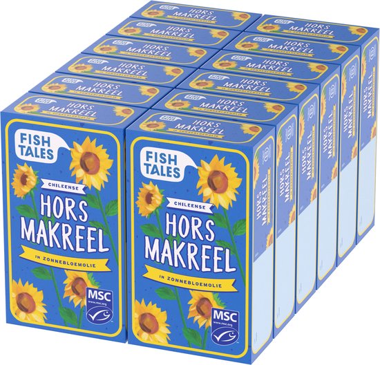 Twaalf blauwe blikken 'Fish Tales' makreel in zonnebloemolie met zonnebloemen en MSC-keurmerk.