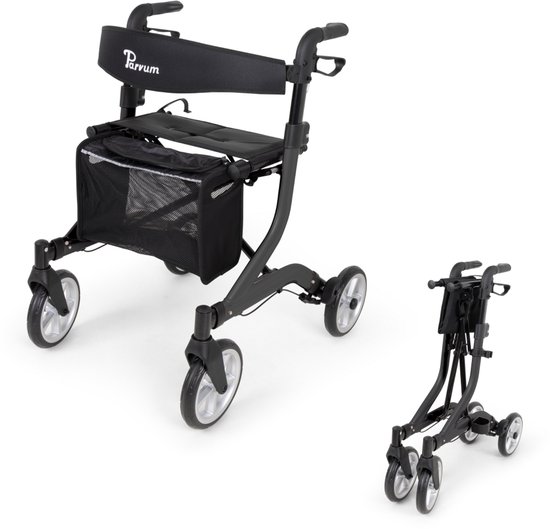 Zwarte rollator met zitje en mandje, in uitgevouwen en opgevouwen toestand. Op witte achtergrond.