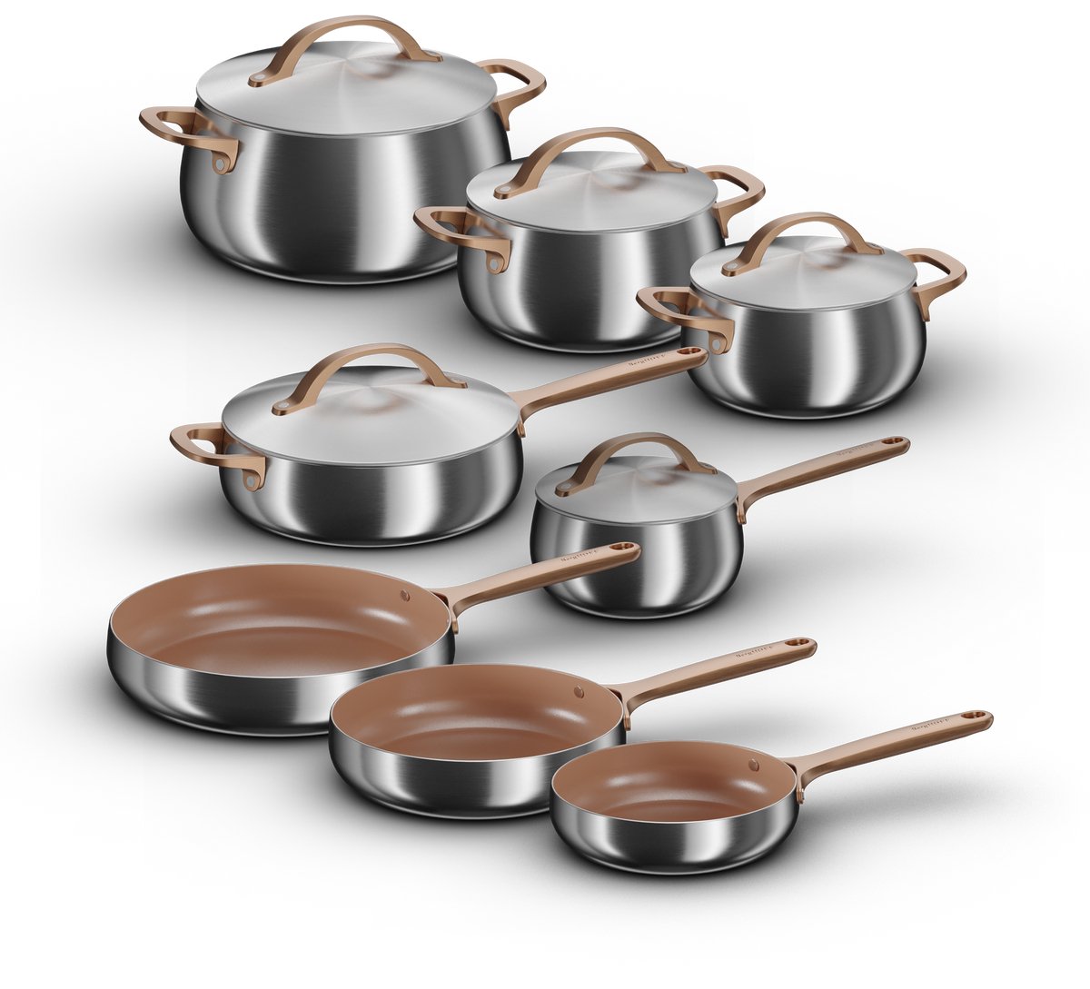 BergHOFF Home Belly Pannenset 13-delig – Luxe RVS Kookset – Steelpan 16cm, Kookpotten 18/20/24cm, Hapjespan 24cm + 5 Deksels – Inclusief Keramische Koekenpannen 20/24/28cm – PFAS-Vrij – Warm Blush