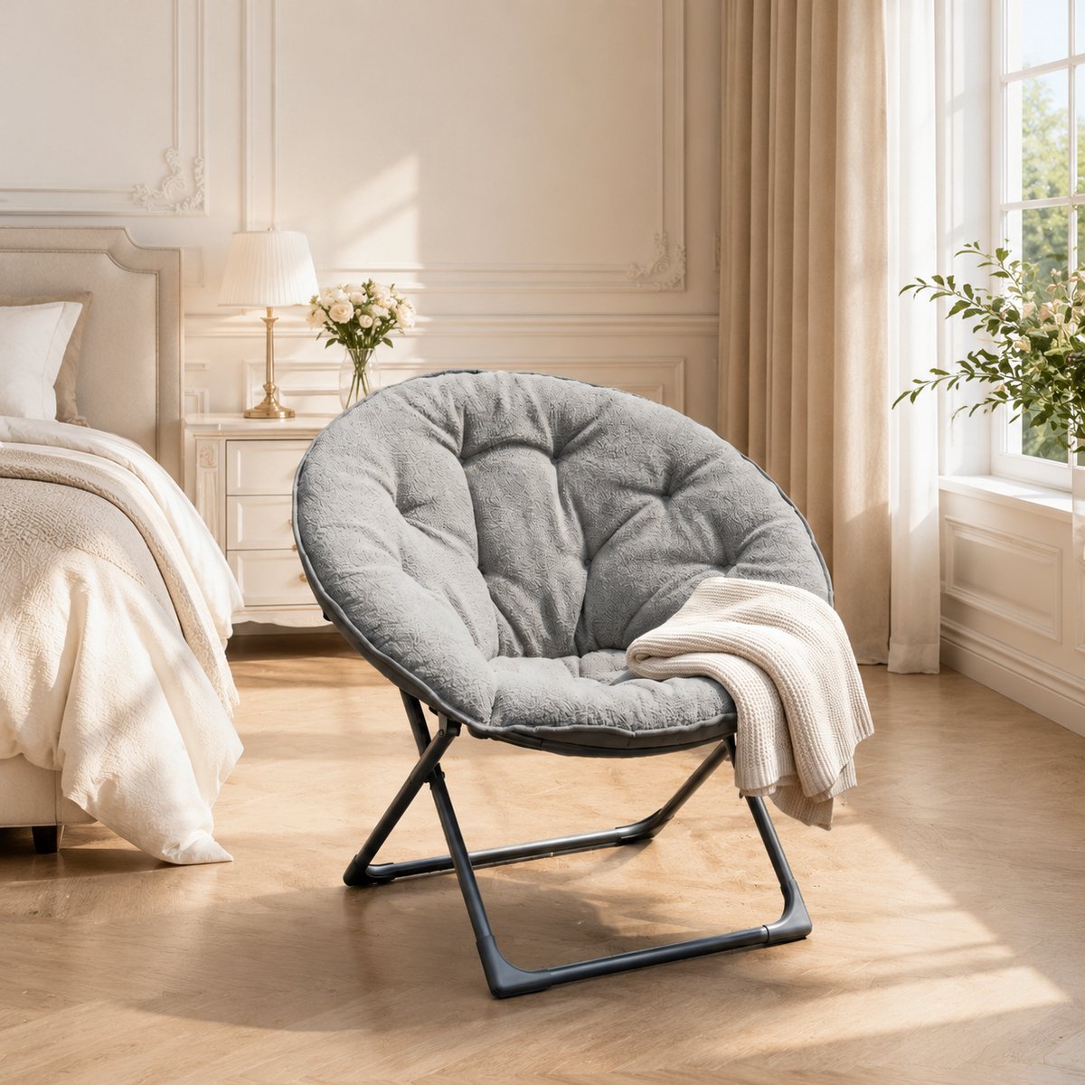 Ligstoel - Fauteuil - Opvouwbaar - Papasan stoel - Maanstoel - Ronde stoel - Relaxstoel - Loungestoel - Comfortabele TV-stoel - Grijs