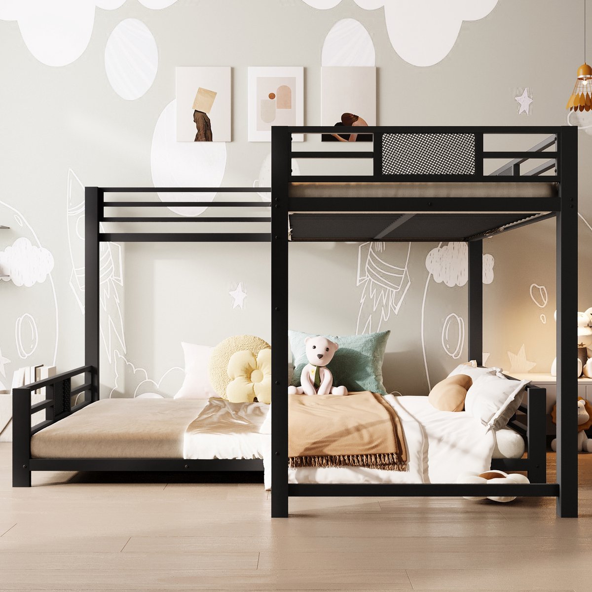 Merax L-vormige stapelbed - bovenbed 90x200cm - onderbed 140x200cm - zwart - zonder matras