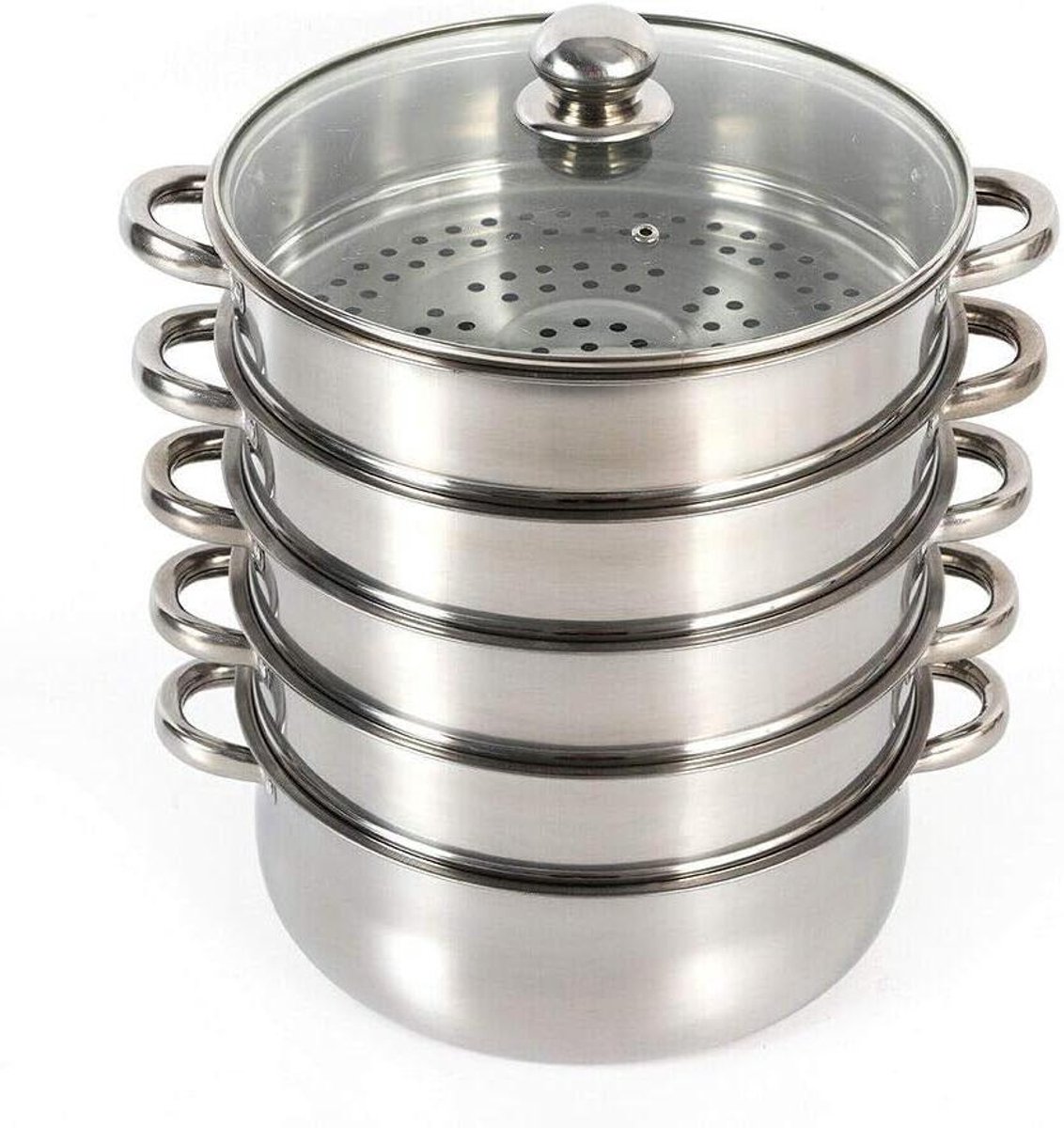 Stoompan 5 Lagen - Stoomkoker Keuken - Gezond Koken - Transparant Deksel - Diameter 26cm - Zilver