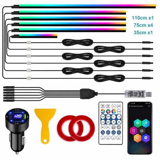 Set met 6 gekleurde LED-strips, USB-controller, autolader, afstandsbediening, gele tool en tape.