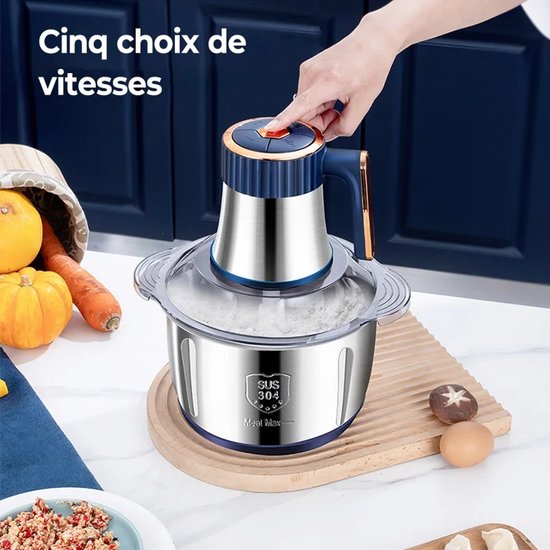 Elektrische hakmolen 5 liter roestvrij staal - 500W motor - 6 messen - 5 snelheden - groentesnijder en vleesmolen voor vlees - fruit - noten en bonen - keukenmachine - blauw — afbeelding 2