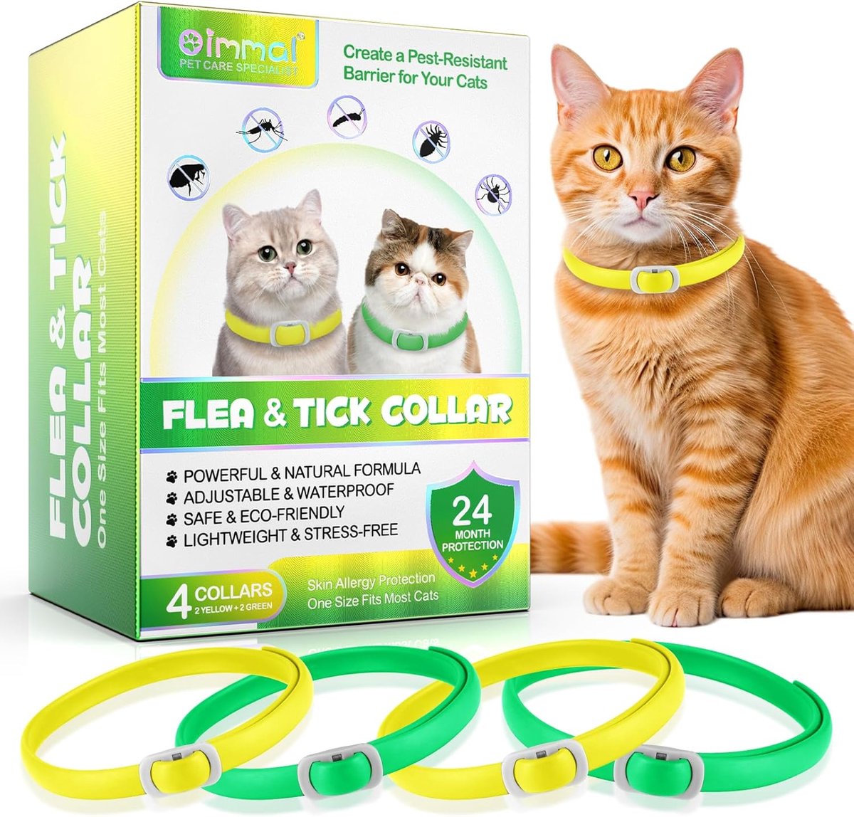 Halsband Kat 4 stuks – Kattenhalsband Natuurlijk – Waterbestendig – Verstelbaar – Geschikt voor Alle Kattenrassen – Groen/Geel
