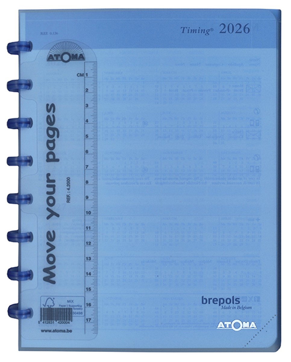 Brepols agenda 2026 - TIMING - ATOMA - Bureau agenda - 1 week op 2 pagina's - Kolom - Weekoverzicht - Blauw - 18 x 22 cm
