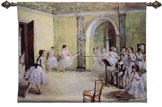 Een schilderij van balletdansers in een oefenzaal met een balletbar.