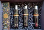 Giftsset met Hamam Herbal Hand Soap, Showergel, Shampoo in Lavender & Lemongrass geur, in verpakking met decoratief patroon.
