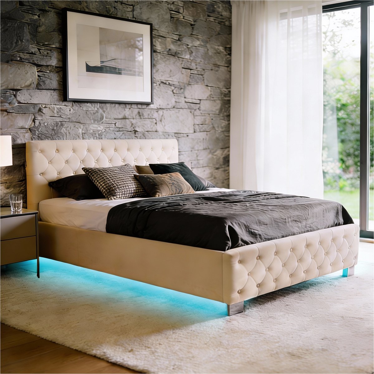 tectake® Gestoffeerd bed met lattenbodem - 120 x 200 cm - Fluweellook Zandkleur - Twijfela