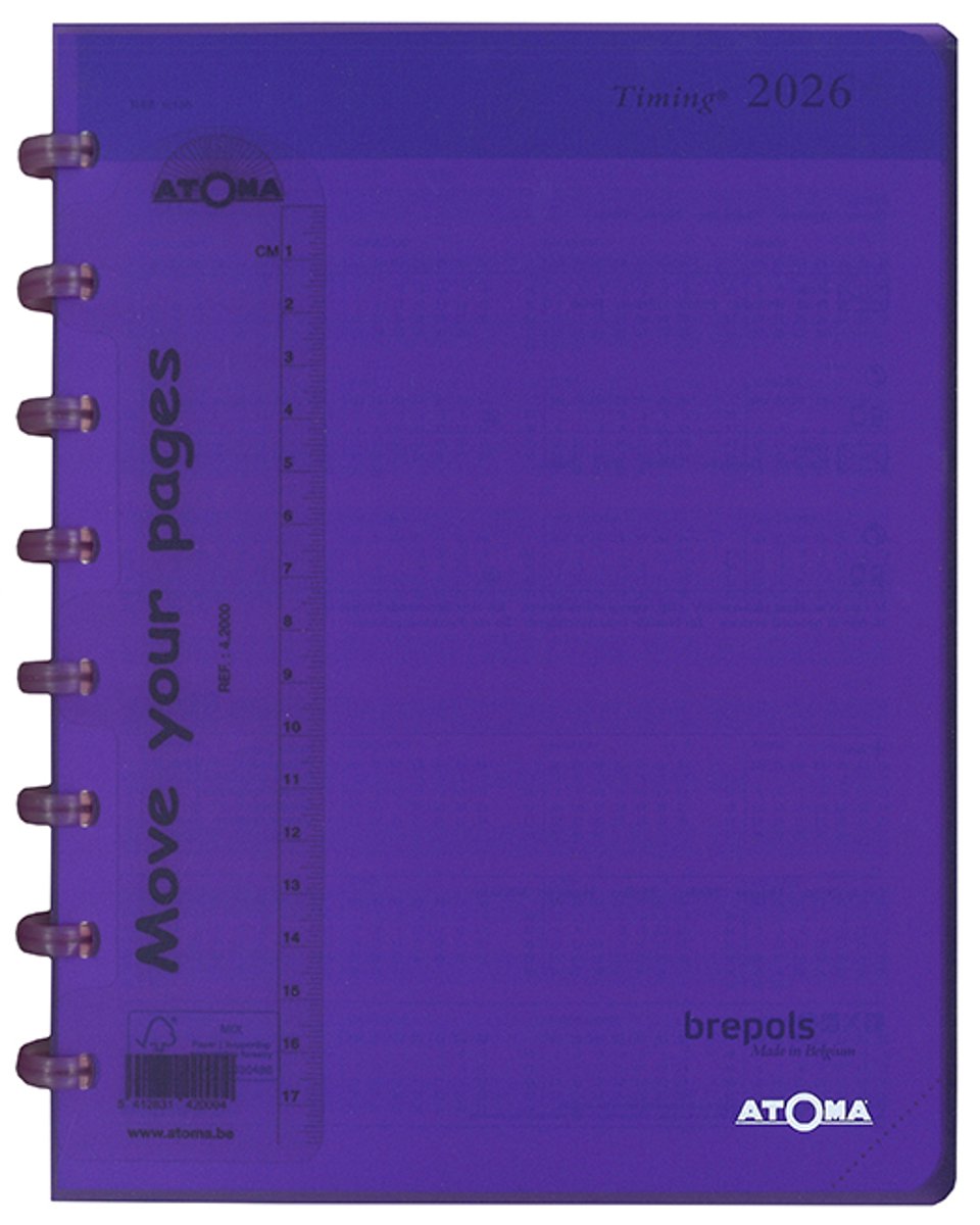 Brepols agenda 2026 - TIMING - ATOMA - Bureau agenda - 1 week op 2 pagina's - Kolom - Weekoverzicht - Paars - 18 x 22 cm