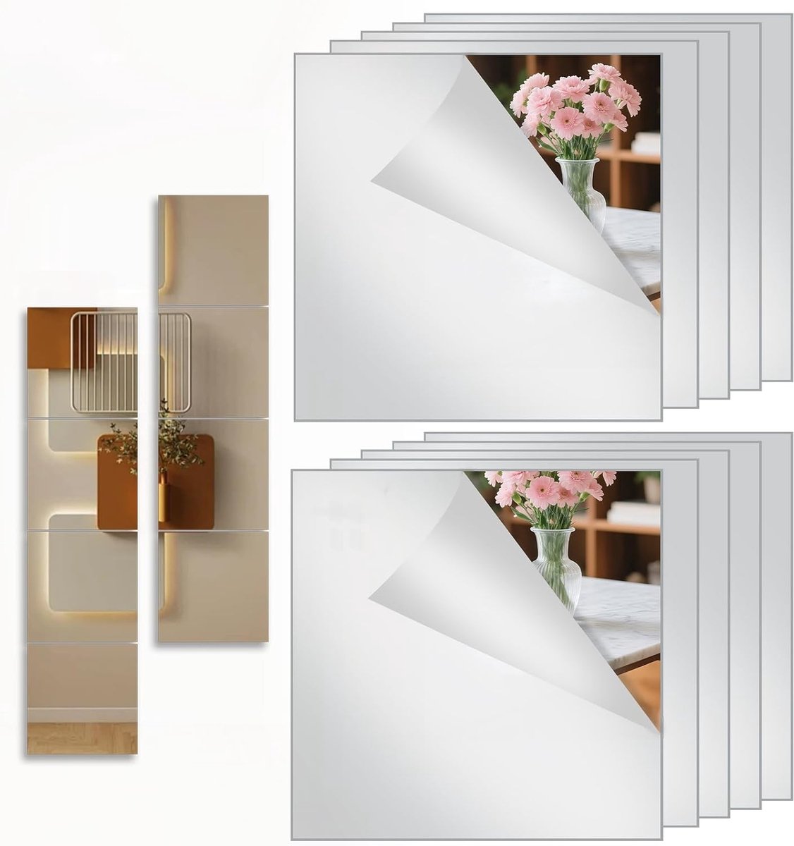 Set van 4 Zelfklevende Spiegeltegels 20x20cm, Wandspiegel voor Badkamer, Woonkamer en Slaapkamer, 1.5mm Dikke Spiegels voor Thuisgebruik