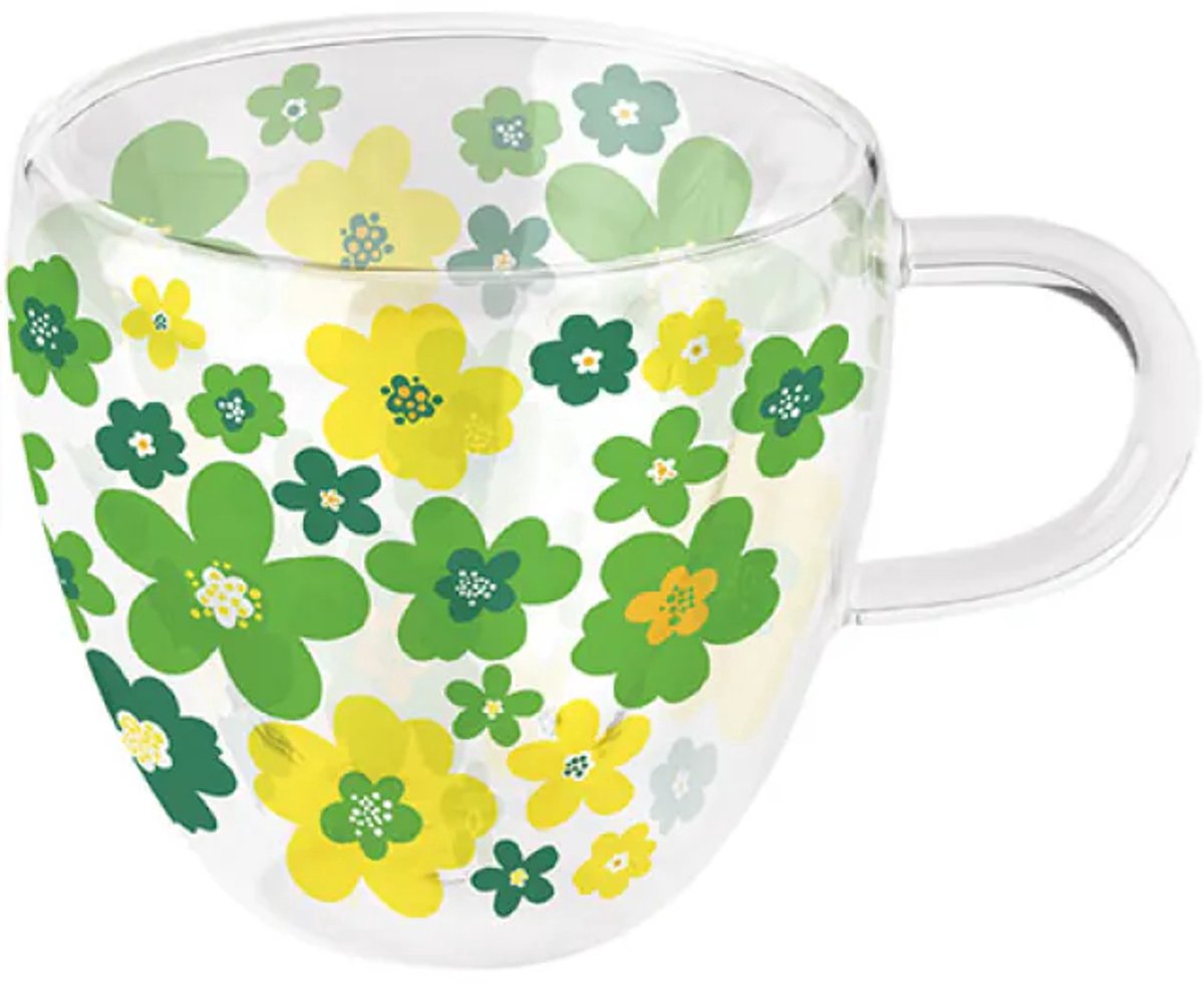 Ambiente Flower Power Green Dubbelwandig Glas 0.2L – Bloemen Design - set van 6