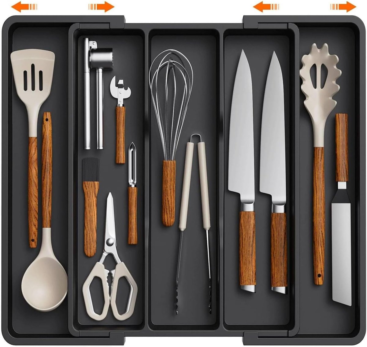 keukenlade organizers - keukenlade organiser - keuken lade organizer - keukenlade organizers servies - verstelbare bestekhouder - opbergverdeler voor gereedschap en gadgets - zwart
