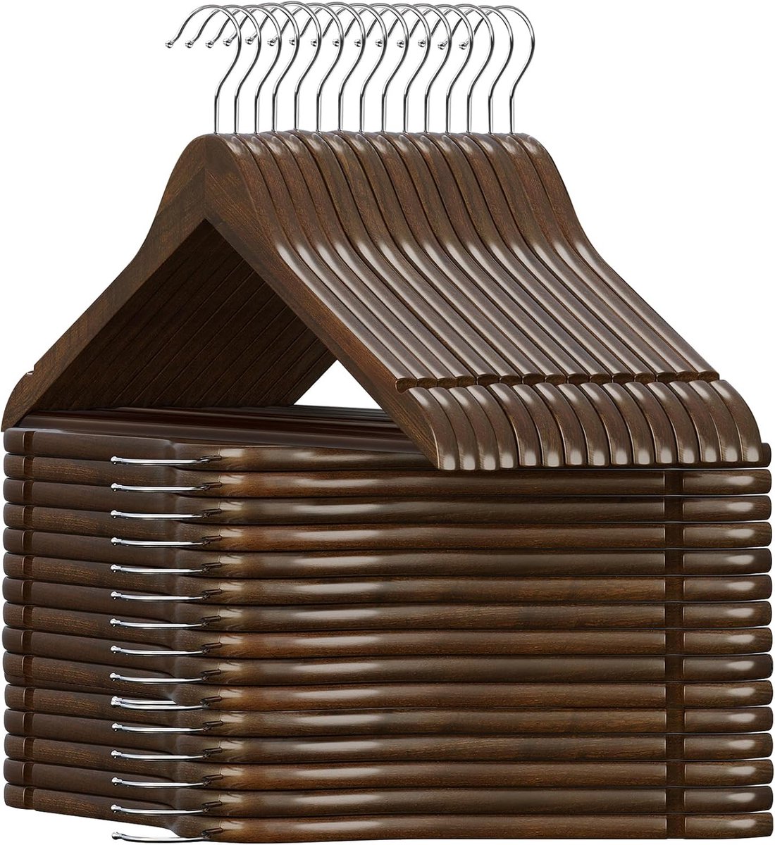 Famanu - Set van 30 houten kleerhangers, ruimtebesparend met antislip broekstang – Donkerwalnoot