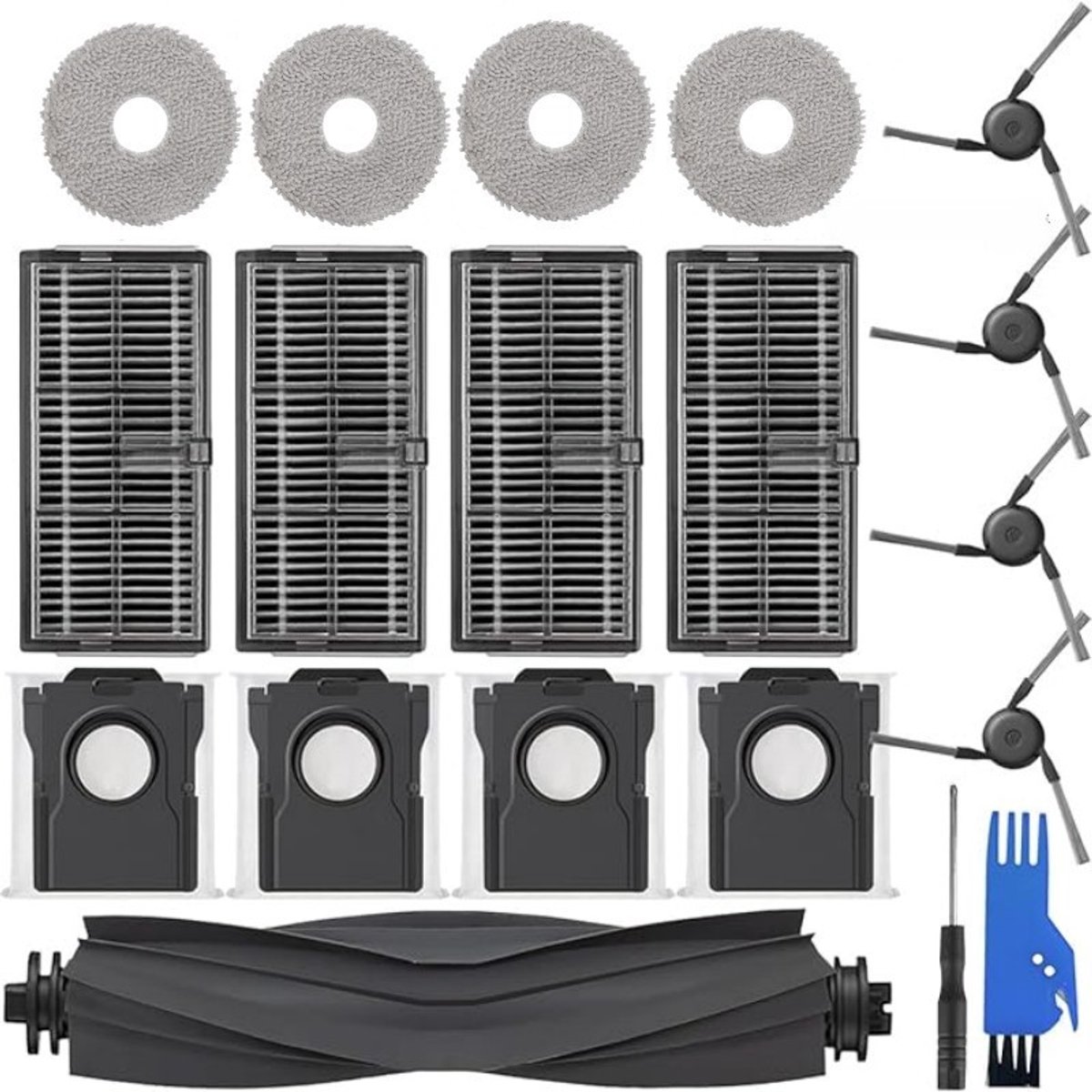 19stuks - accessoireset - stofzuigerzakken -geschikt voor dreame X40 PRO/X40Ultra/L40 Ultra - 1x hoofdrolborstel, 4 x stofzak, 4 x zijborstels, 4 x filter, 4x dweildoeken -Inclusief borstel en schroevendraaier