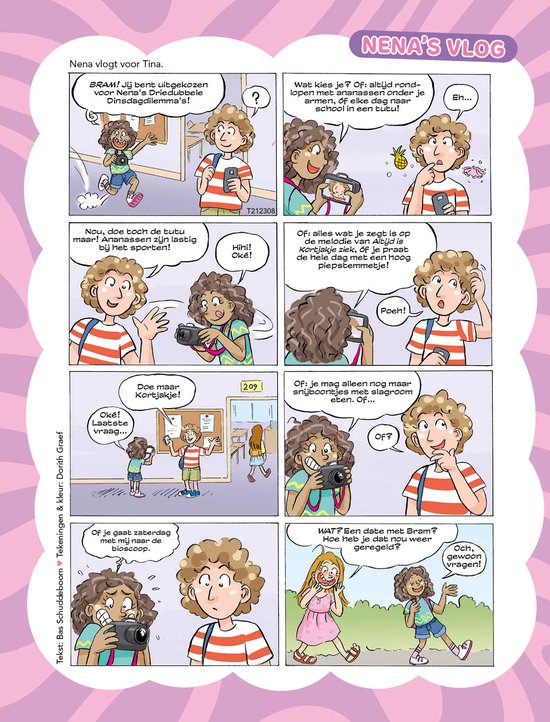 Stripverhaal met twee meisjes die over school en een verkleedfeest praten, getekend in een vrolijke stijl.