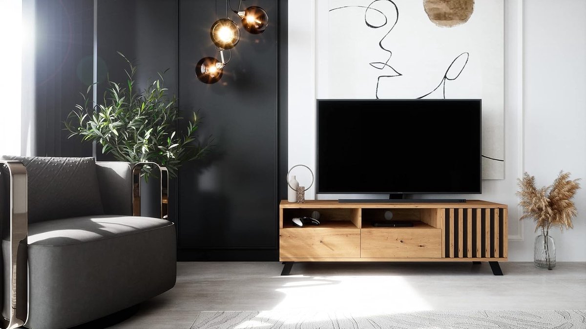 Lage TV-Kast Modern Vintage in Wild Eiken & Antraciet, TV-Meubel 138 x 44 x 40 cm met Opbergruimte – Woonkamer Televisiemeubel – Urbanhome