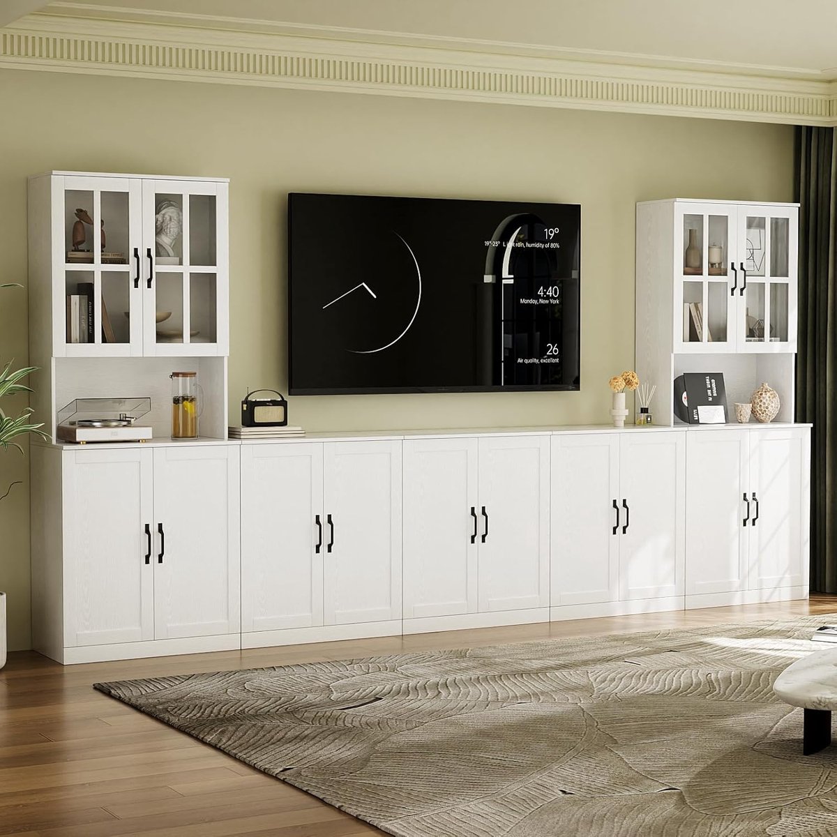 Modulaire TV-Kast Wit 5-delig met Glazen Deuren, Boekenplanken en Opbergruimte voor 75 Inch TV – Mediawand 300 x 180 x 40 cm – Urbanhome