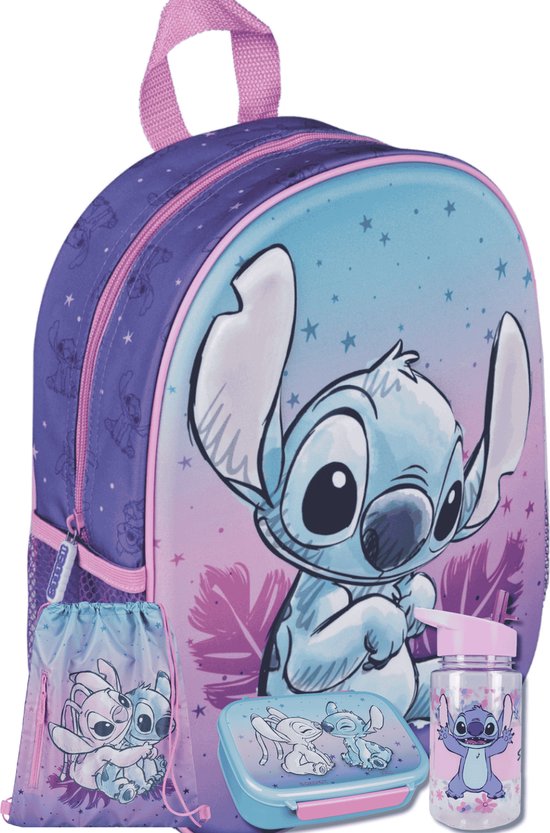Disney Stitch 3D Schoolset Meisjes – 4 Delig – Rugzak, Lunchbox, Drinkfles & Gymtas – Paars