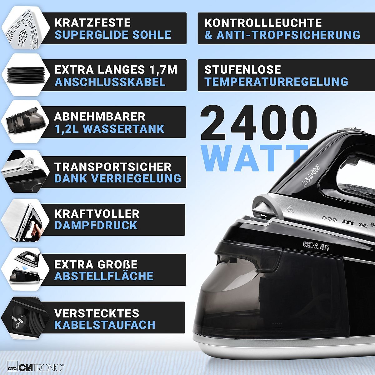 Clatronic DBS 3749 - Stoomstrijkstation met stoomstrijkijzer - 3.5Bar -1,2Liter — afbeelding 2