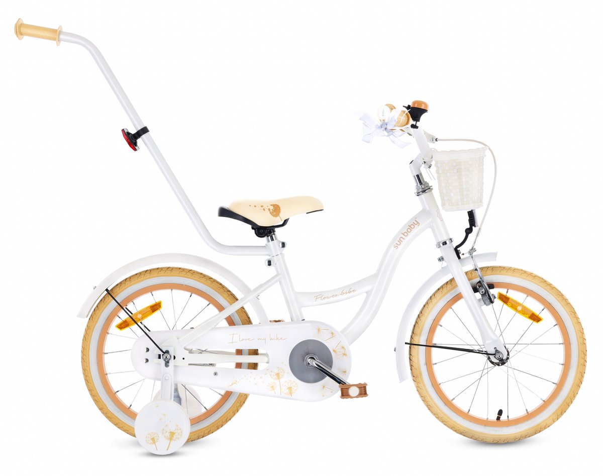 Flower Bike Fiets voor een meisje van 4 tot 6 jaar, 16 inch Wit Beig, met fietsbel, zijwieltjes, duwstang en stuurmandje