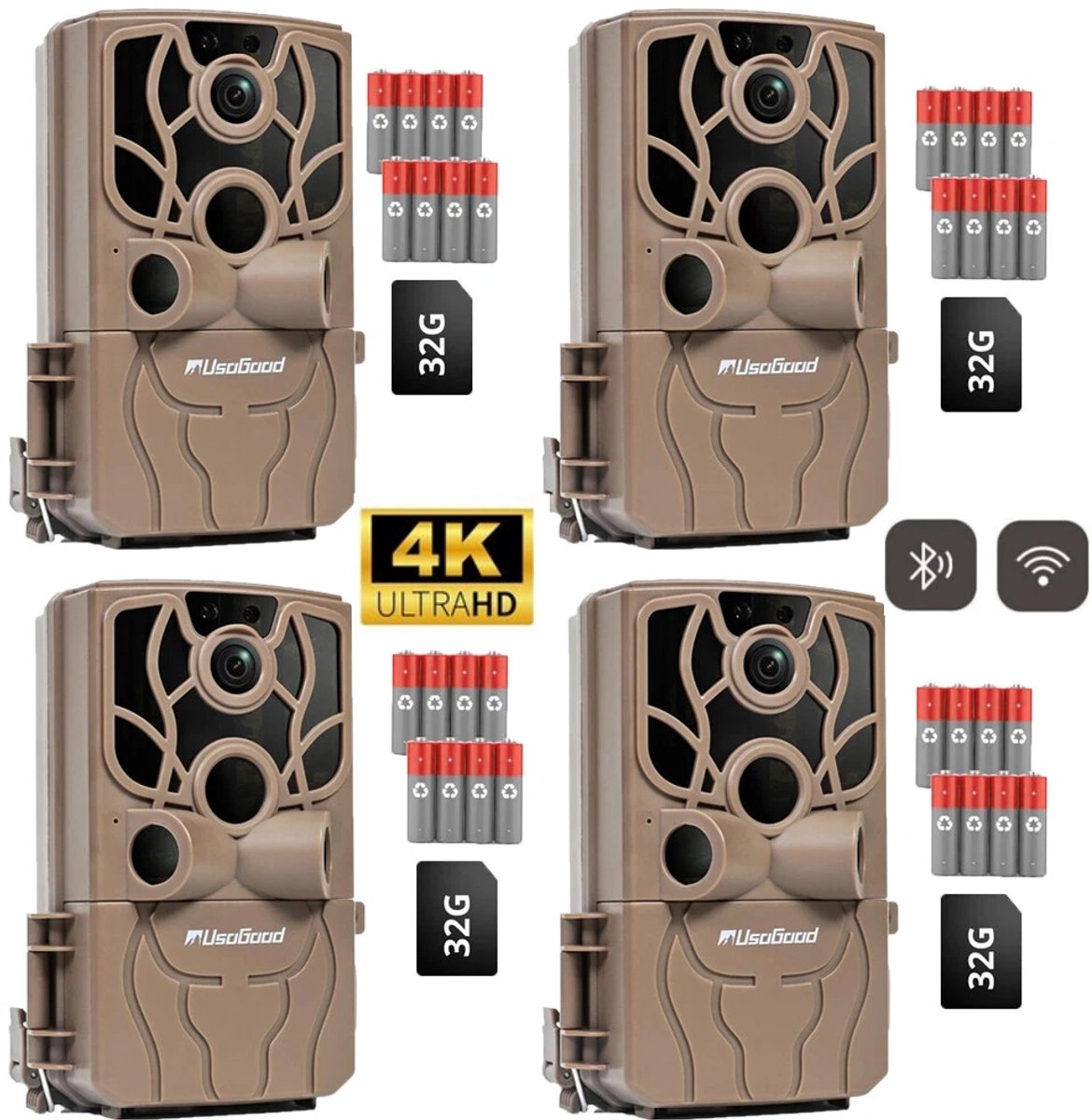 Usogood Professionele Wildcamera met Nachtzicht en WiFi - 4K Ultra HD & 48MP - Wildcamera voor buiten - WiFi APP - Incl. 32GB SD - 8 batterijen - 2026 model - 4 Stuks