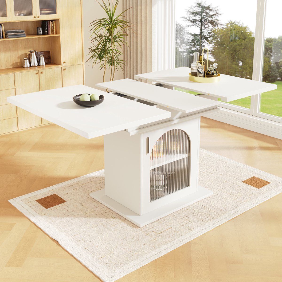 MIVRAY Eettafel - Uitschuifbaar Met Opbergrekken - Voor Keuken En Woonkamer - Wit MDF En Glas - 110-140x80x76 Cm