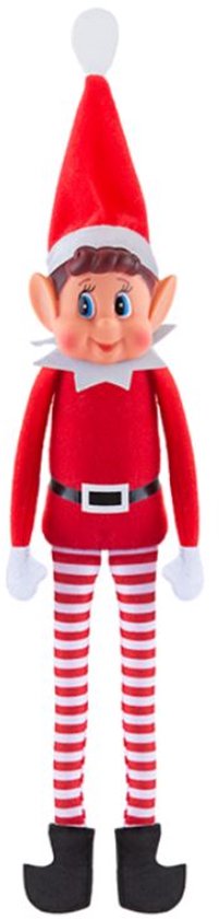 Elf met rode kerstmuts, rood shirt, zwarte riem en rood-wit gestreepte broek.