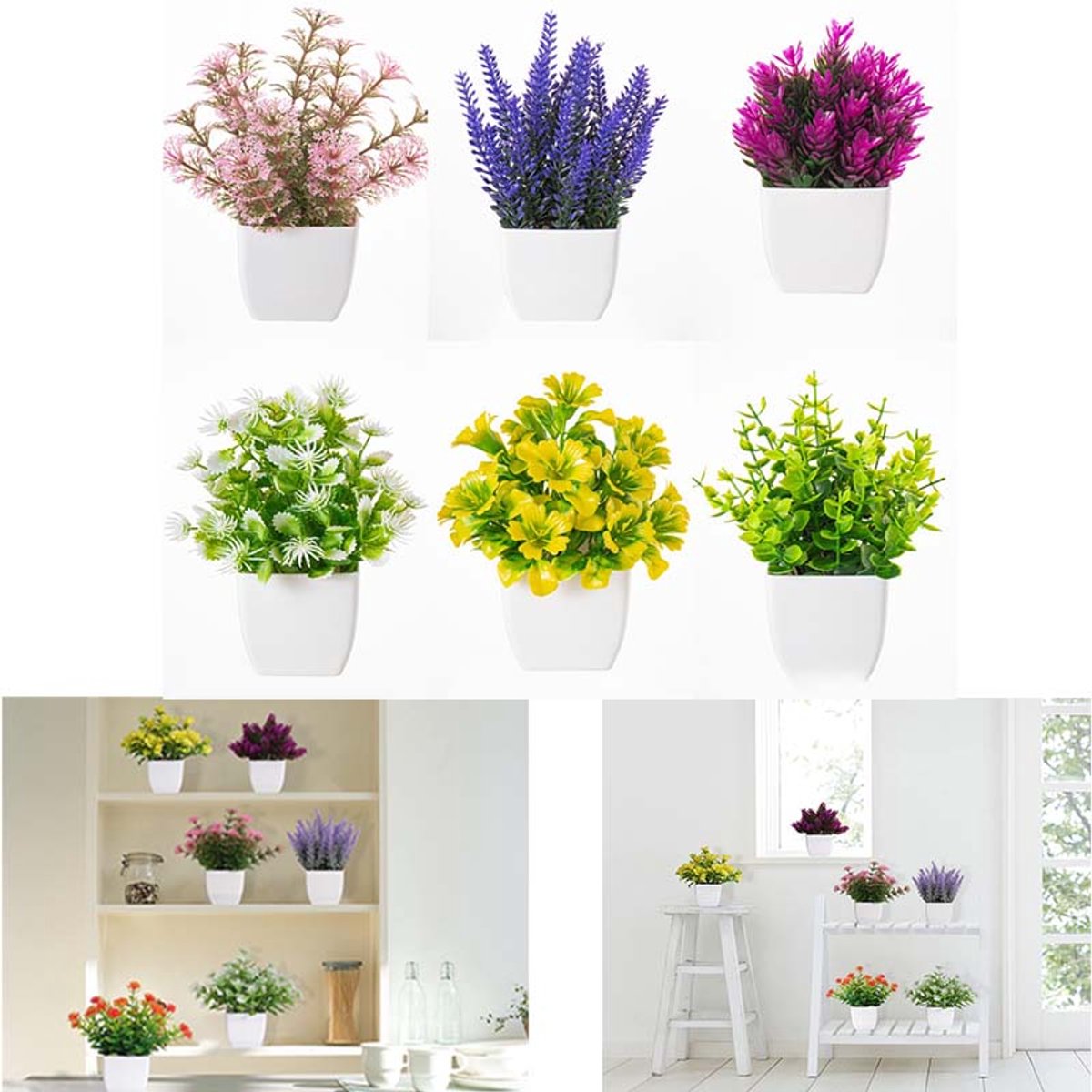 6-delige Kunstmatige Bloemen - Met Bloempotten - Mini Potplanten - Zonder Onderhoud - Voor Thuis, Kantoor & Desktop Decoratie