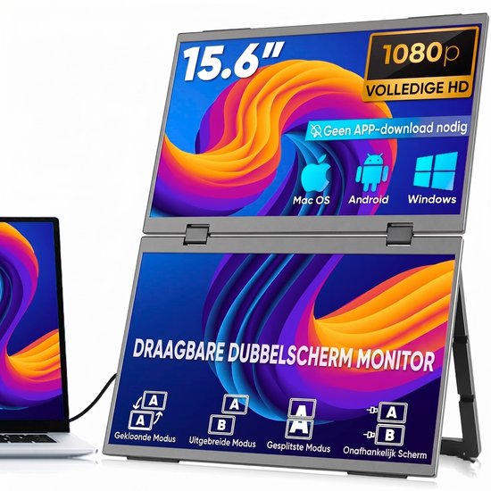 Draagbare 15,6″ Folding Dual Display Monitor Full HD 1080p Dubbel Scherm USB-C HDMI IPS 60Hz VESA Stand
