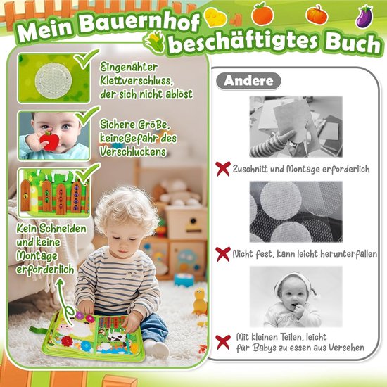 20-in-1 Rustig Boek voor Peuters - Montessori Speelgoed voor 1 Jaar - Zacht Vilt Stil Boek - Farm Thema - Sensorisch en Educatief Speelgoed - Perfect voor Autoreizen en Vliegtuig - Cadeau voor 1 2 3 Jaar — afbeelding 3