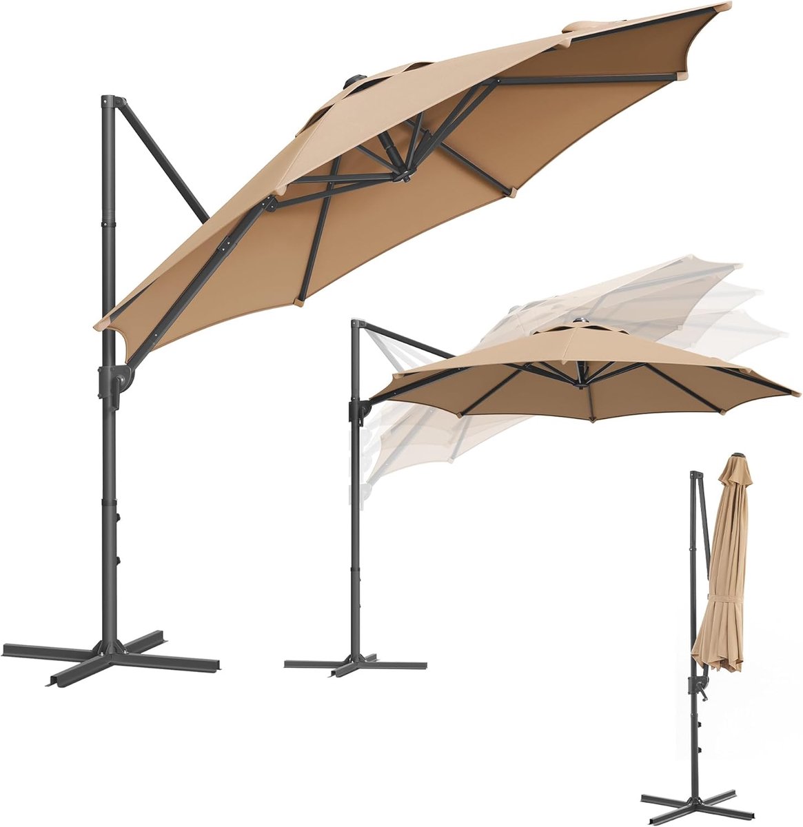 Zweefparasol 300 cm Ø – 360° Draaibaar & Traploos Kantelbaar – UPF 50+ UV-bescherming – Met Zwengel en Kruisvoet – Grote Tuinparasol voor 6-8 Personen – Camelbruin – Nicolehome