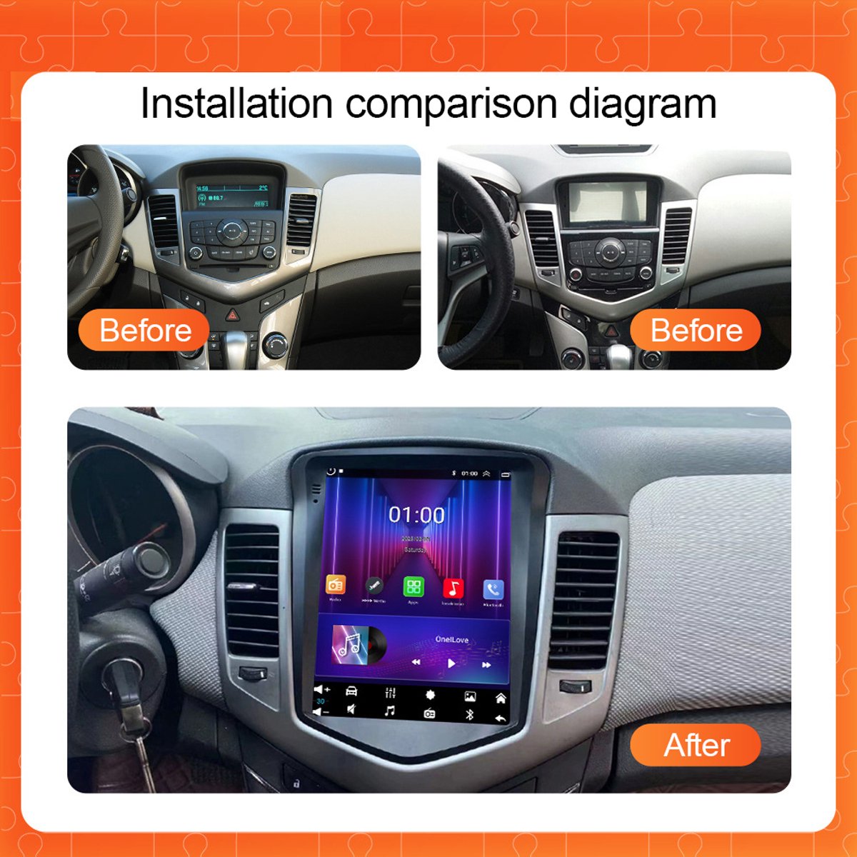 Autoradio - Android 14, 9,7 inch, 4+64 GB - Ondersteunt CarPlay en Android Auto, voorzien van Bluetooth, wifi, SWC-split-screen-functie en AHD-achteruitrijcamera - Geschikt voor Cruze-modellen uit 2008-2015