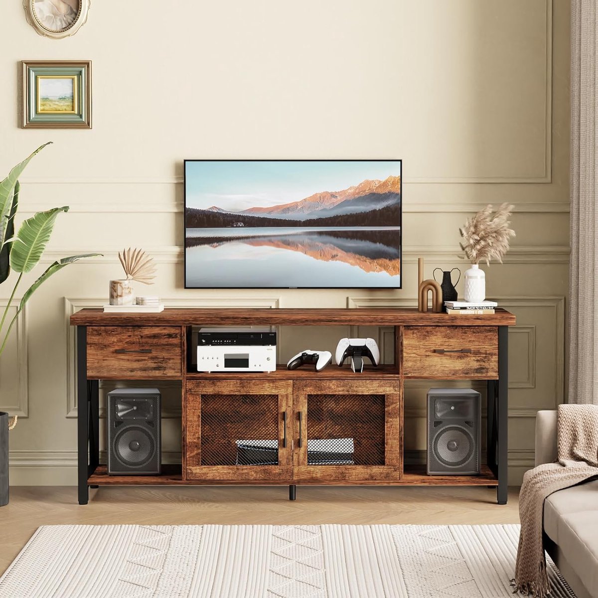 TV meubel 140 cm – Industrieel lowboard met metalen deuren & stoffen laden – TV kast voor 55 inch met kabelmanagement en X-frame – Urbanhome