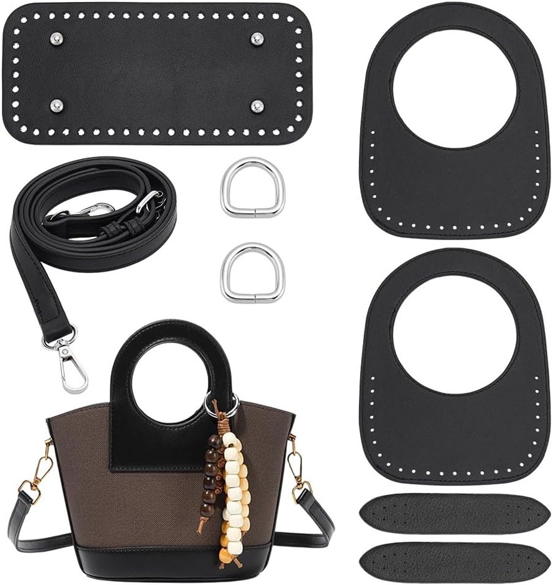 Zwarte PU-lederen rugzakset voor breien en haken, DIY handgrepen, vormkussen voor handtassen maken en accessoires