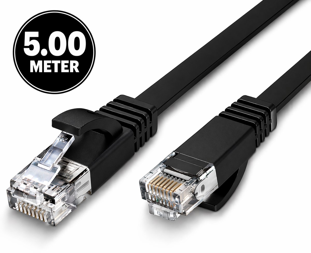 CAT6 Ethernet Kabel 5.00m – RJ45 UTP Netwerkkabel – Platte Internetkabel – 1000 Mbps (1 Gbps) – zwart