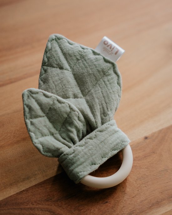 Little Livo Siliconen Bijtring Baby Mint met Knisperende Blaadjes - Handgemaakt - Mousseline Katoen - Bijtspeelgoed - Zacht & Veilig van Little — afbeelding 3