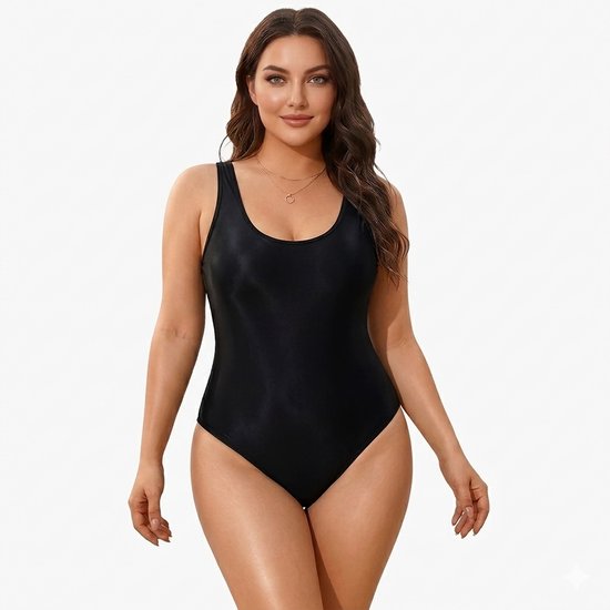 Mannequin en maillot de bain noir brillant avec encolure ronde et larges bretelles, porté avec un collier.