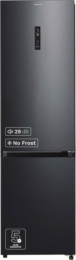 Zwarte Inventum koel-vriescombinatie met digitaal display en 29 dB geluidsniveau.