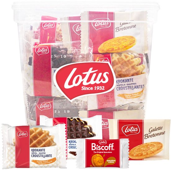 Lotus verpakte koekjes 738g - 66 stuks - Snackbox gevuld met krokante wafels vanille & chocolade, Bretons Botergaletje en Lotus speculoos gevuld speculooscrème