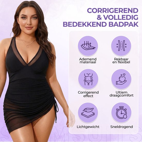 Maillot de bain gainant noir avec mesh et jupe à volants, avec des caractéristiques telles que des matériaux respirants et extensibles.